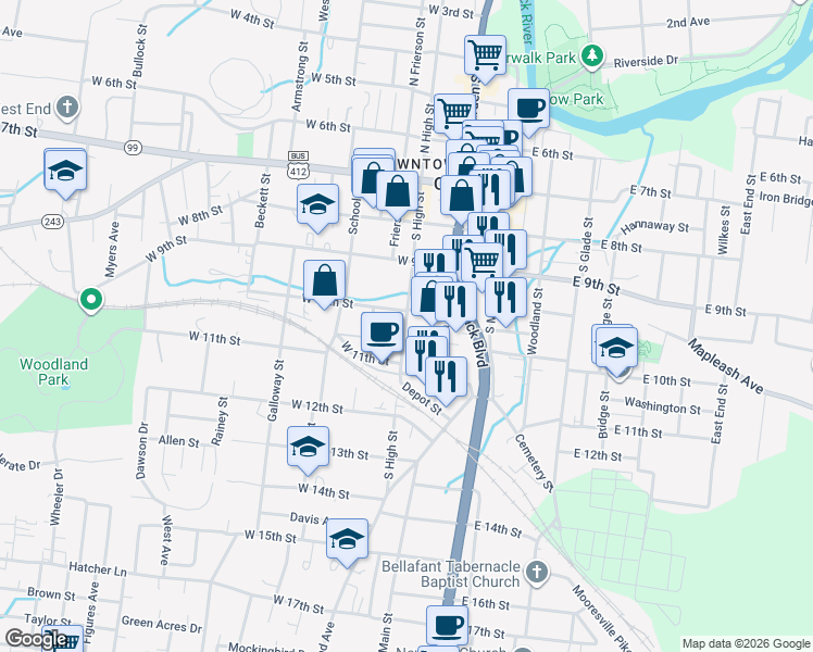 map of restaurants, bars, coffee shops, grocery stores, and more near 1117 South High Street in Columbia