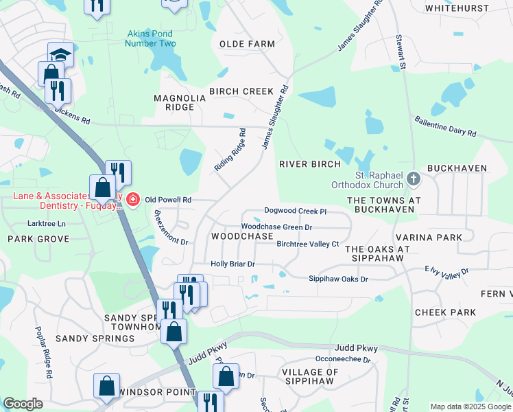 map of restaurants, bars, coffee shops, grocery stores, and more near 347 Dogwood Creek Place in Fuquay Varina