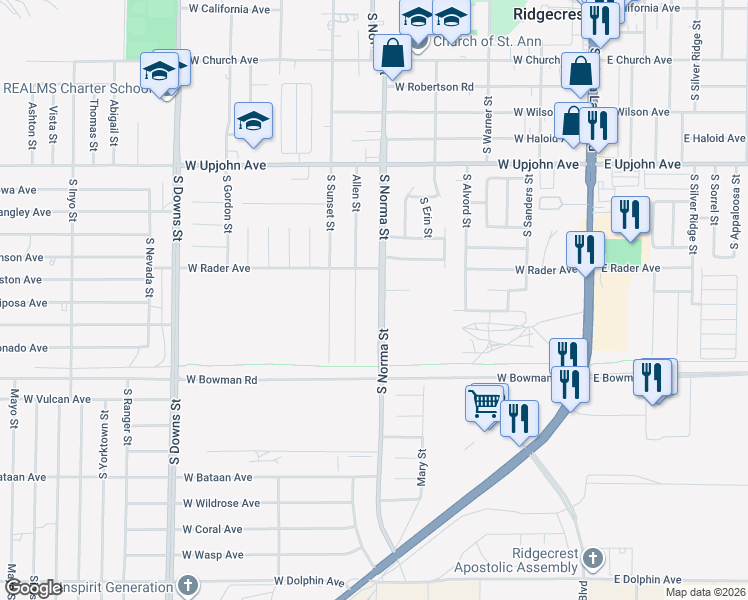map of restaurants, bars, coffee shops, grocery stores, and more near 741 South Norma Street in Ridgecrest