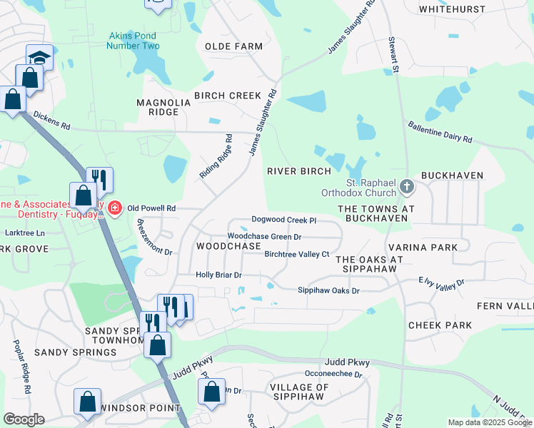 map of restaurants, bars, coffee shops, grocery stores, and more near 417 Dogwood Creek Place in Fuquay Varina