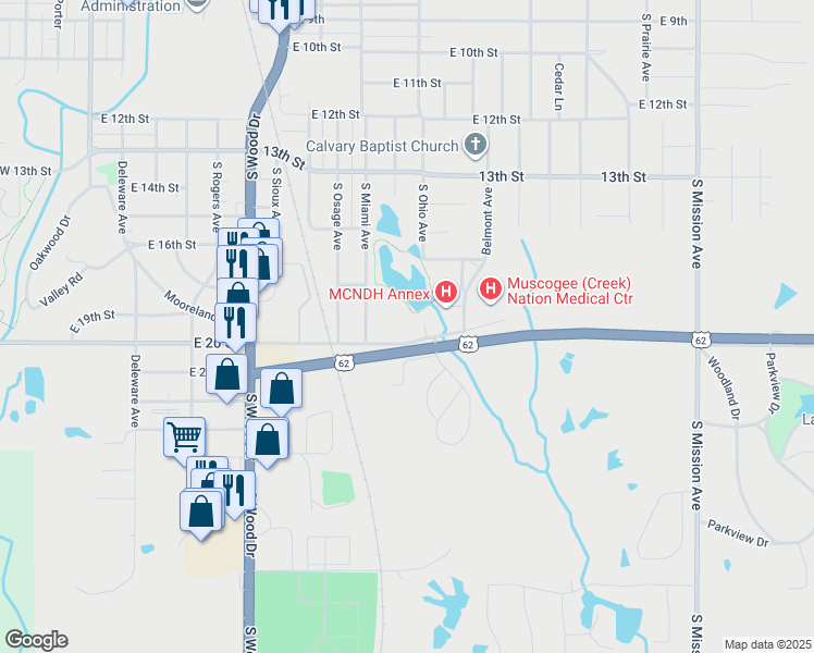 map of restaurants, bars, coffee shops, grocery stores, and more near 1213 East 20 Street in Okmulgee