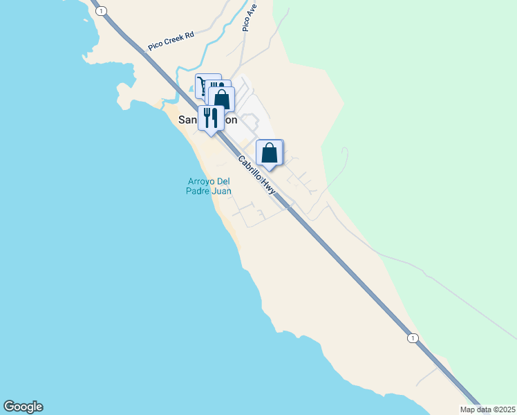 map of restaurants, bars, coffee shops, grocery stores, and more near 289 Vista Del Mar in San Simeon