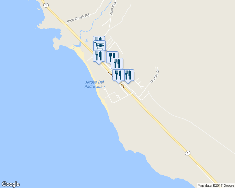 map of restaurants, bars, coffee shops, grocery stores, and more near 289 Vista Del Mar in San Simeon