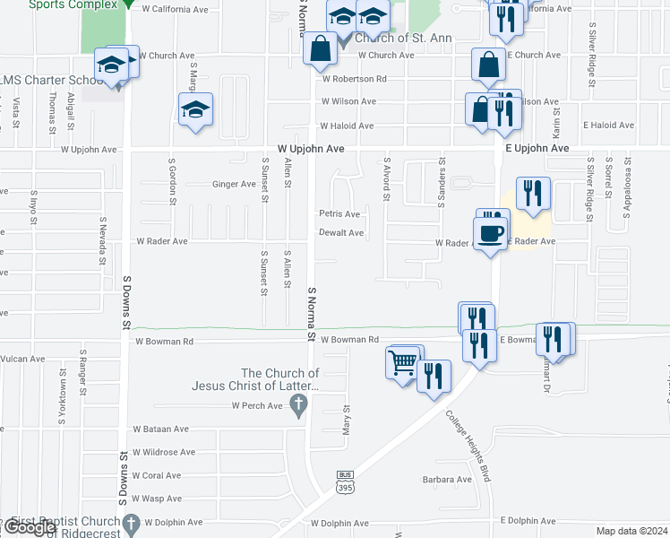 map of restaurants, bars, coffee shops, grocery stores, and more near 415 Rick Court in Ridgecrest