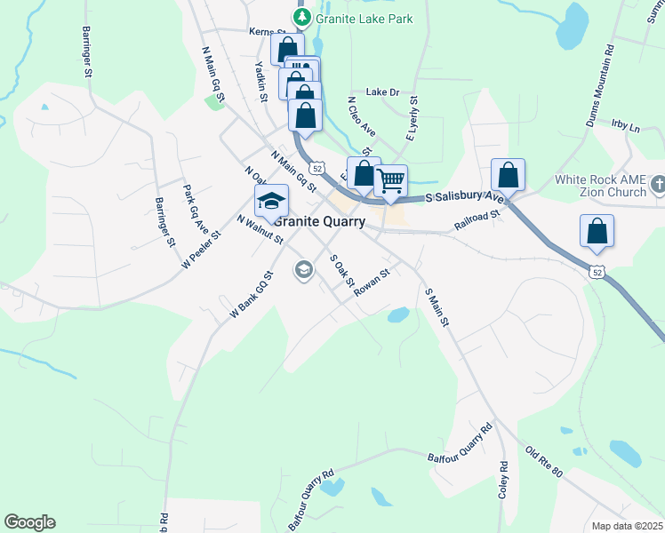 map of restaurants, bars, coffee shops, grocery stores, and more near 216 South Oak Street in Granite Quarry