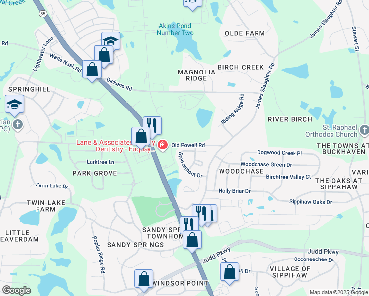 map of restaurants, bars, coffee shops, grocery stores, and more near 164 Breezemont Drive in Fuquay-Varina