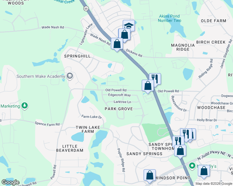 map of restaurants, bars, coffee shops, grocery stores, and more near 328 Larktree Lane in Fuquay-Varina