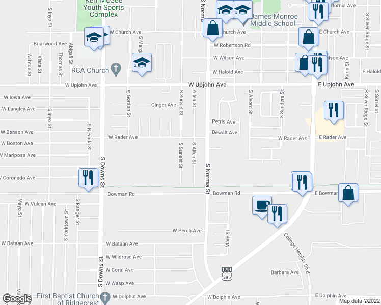 map of restaurants, bars, coffee shops, grocery stores, and more near 721 South Allen Street in Ridgecrest