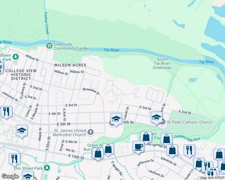 map of restaurants, bars, coffee shops, grocery stores, and more near 101 Hickory Street in Greenville