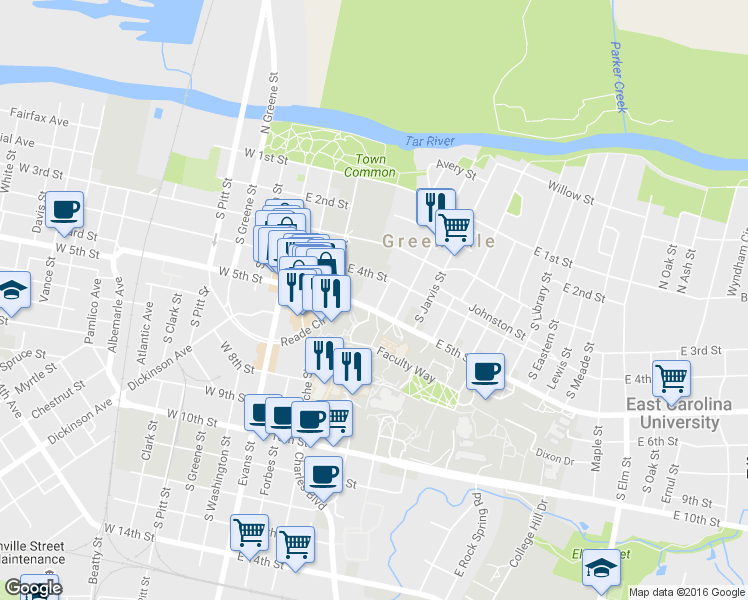 map of restaurants, bars, coffee shops, grocery stores, and more near in Greenville
