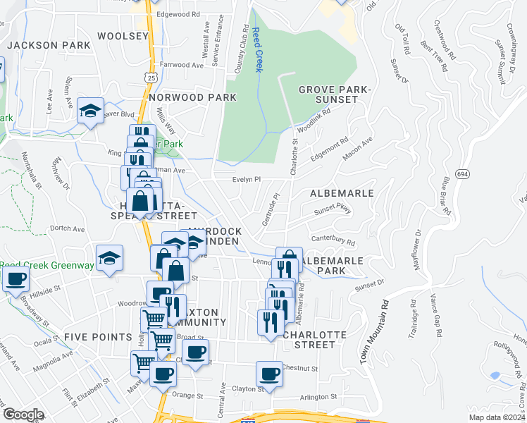 map of restaurants, bars, coffee shops, grocery stores, and more near 61 Edwin Place in Asheville