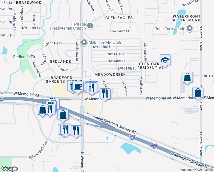 map of restaurants, bars, coffee shops, grocery stores, and more near 13723 Fairhill Avenue in Edmond
