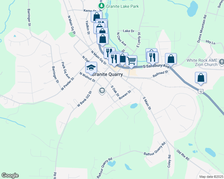 map of restaurants, bars, coffee shops, grocery stores, and more near 216 South Oak Street in Granite Quarry