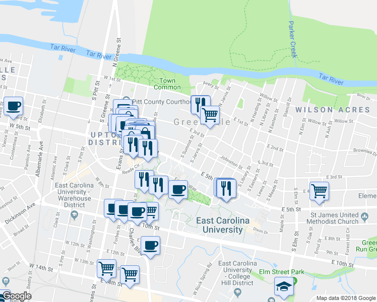 map of restaurants, bars, coffee shops, grocery stores, and more near 403 South Summit Street in Greenville