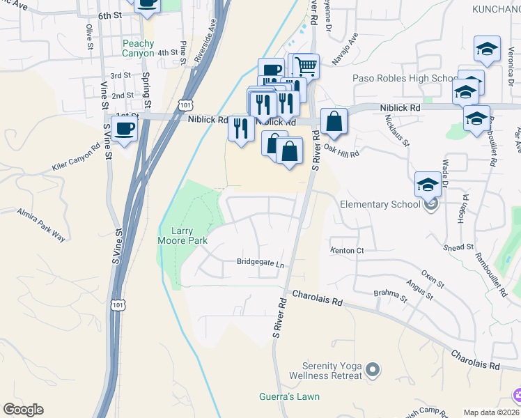 map of restaurants, bars, coffee shops, grocery stores, and more near 1706 Creeksand Lane in Paso Robles