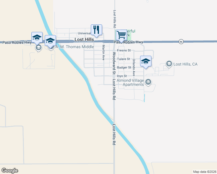 map of restaurants, bars, coffee shops, grocery stores, and more near 21189 King Street in Lost Hills