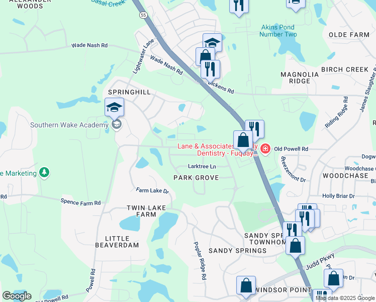map of restaurants, bars, coffee shops, grocery stores, and more near 324 Edgecroft Way in Fuquay-Varina