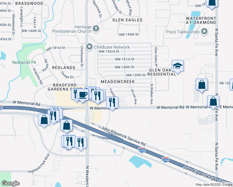 map of restaurants, bars, coffee shops, grocery stores, and more near 717 West Memorial Road in Oklahoma City
