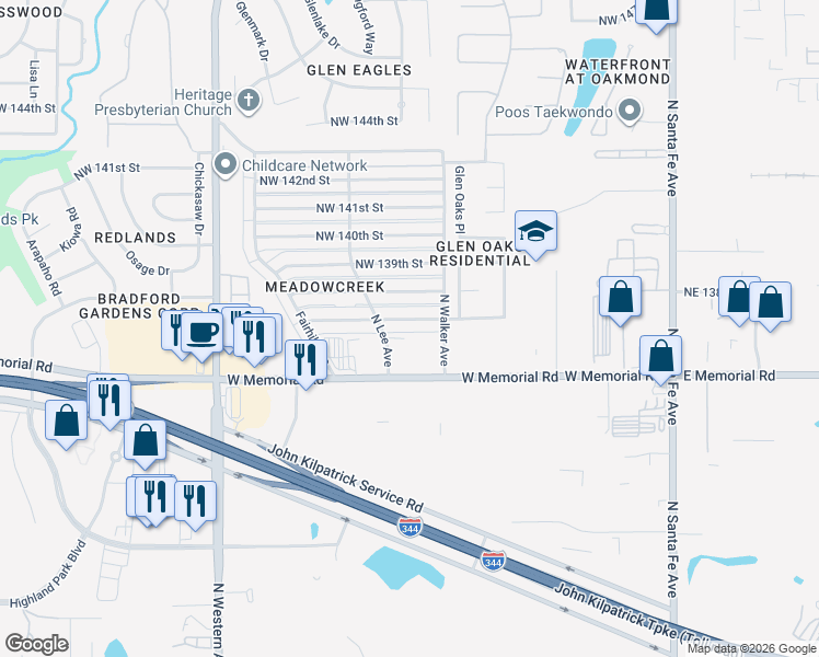 map of restaurants, bars, coffee shops, grocery stores, and more near 522 Northwest 137th Street in Edmond