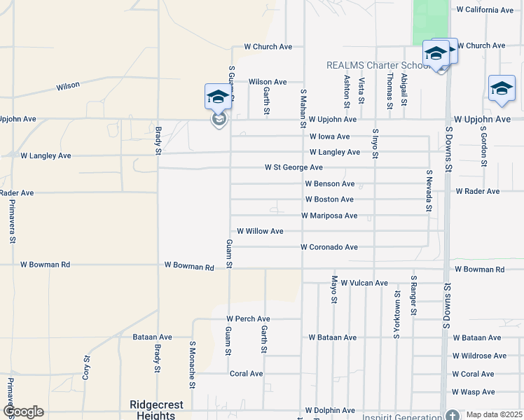 map of restaurants, bars, coffee shops, grocery stores, and more near 1400 West Mariposa Avenue in Ridgecrest
