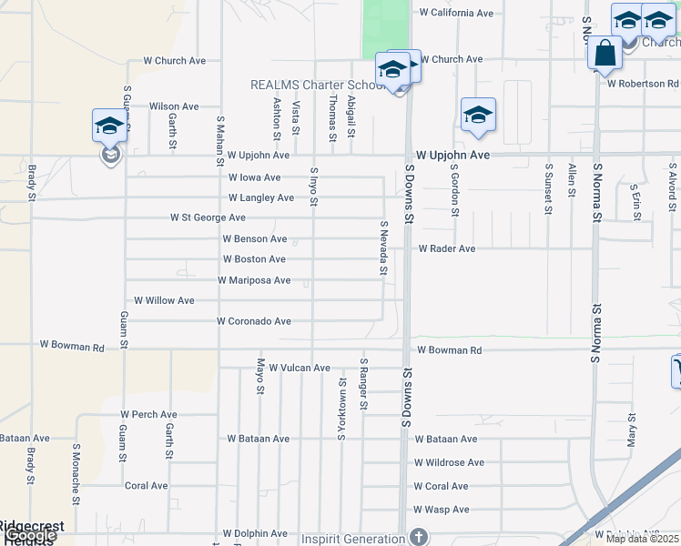 map of restaurants, bars, coffee shops, grocery stores, and more near 1016 West Mariposa Avenue in Ridgecrest