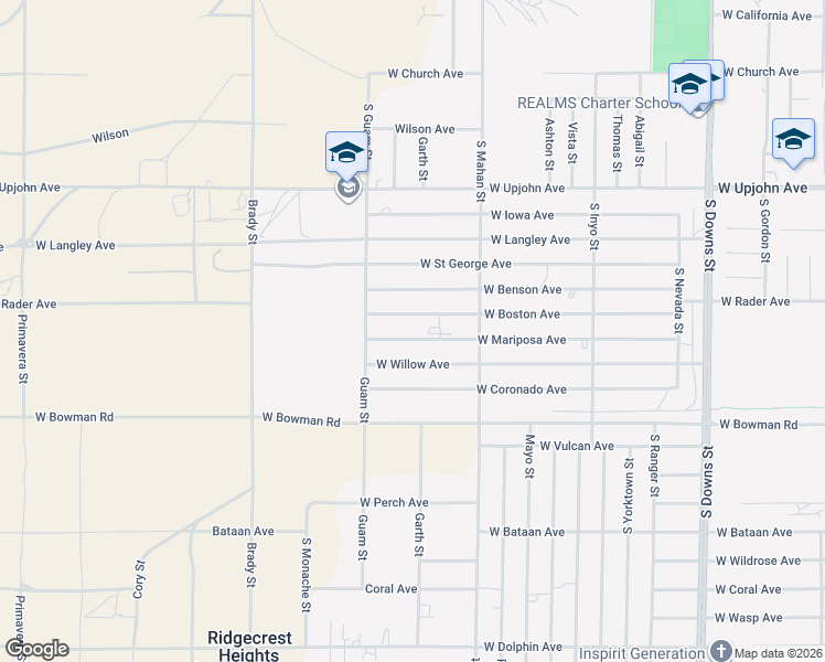 map of restaurants, bars, coffee shops, grocery stores, and more near 1404 West Mariposa Avenue in Ridgecrest
