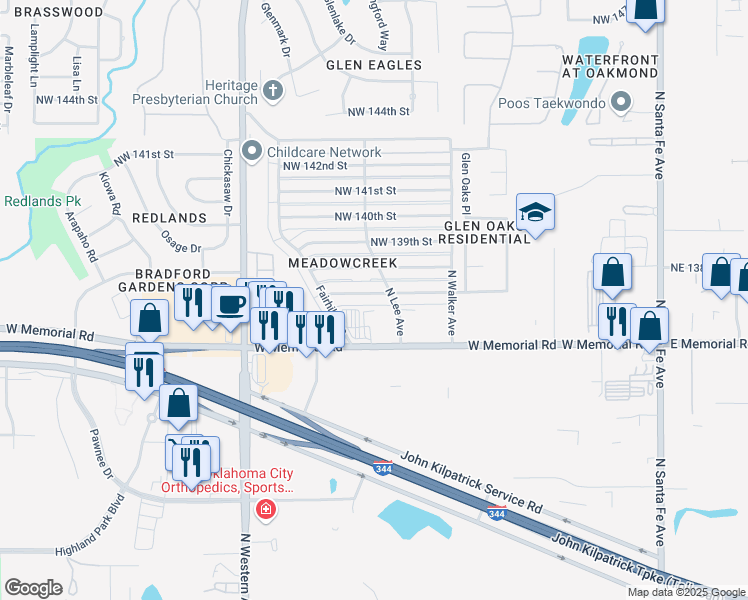 map of restaurants, bars, coffee shops, grocery stores, and more near 712 Northwest 137th Street in Edmond
