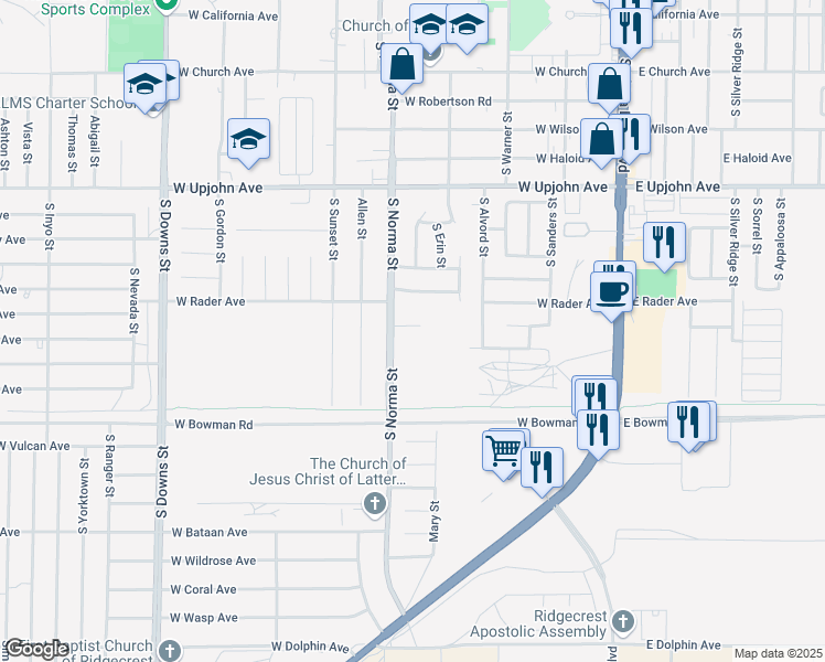 map of restaurants, bars, coffee shops, grocery stores, and more near 425 Rick Court in Ridgecrest