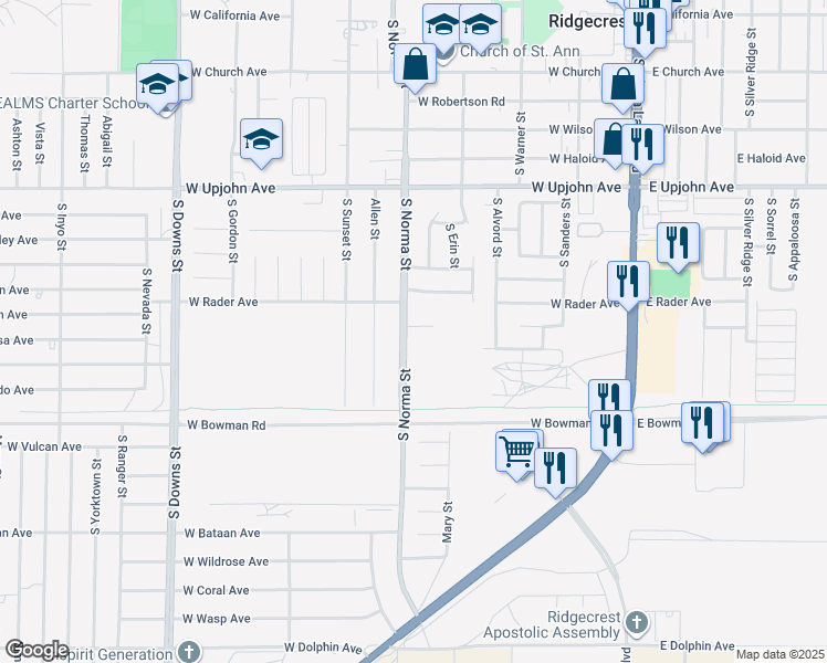 map of restaurants, bars, coffee shops, grocery stores, and more near 425 Rick Court in Ridgecrest