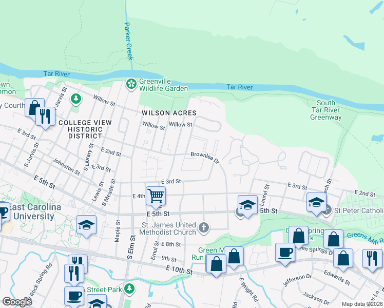 map of restaurants, bars, coffee shops, grocery stores, and more near in Greenville