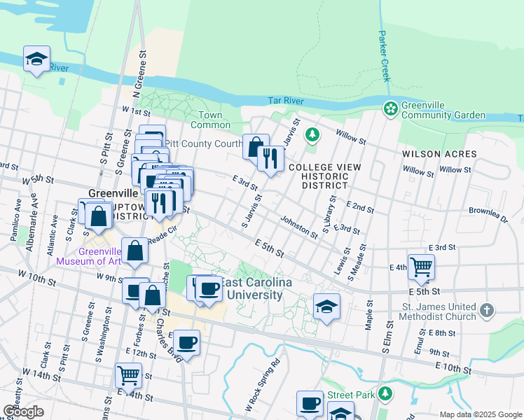 map of restaurants, bars, coffee shops, grocery stores, and more near 400 Biltmore Street in Greenville