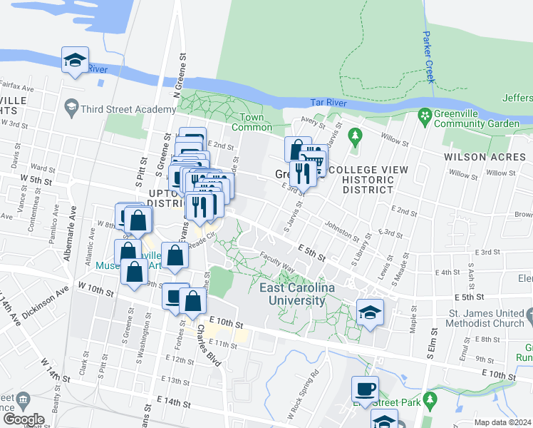 map of restaurants, bars, coffee shops, grocery stores, and more near in Greenville