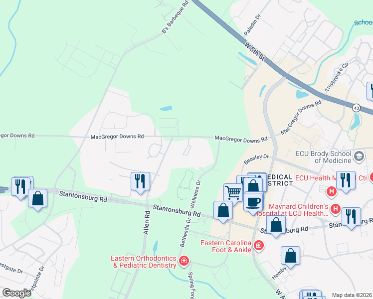 map of restaurants, bars, coffee shops, grocery stores, and more near 2647 Macgregor Downs Road in Greenville