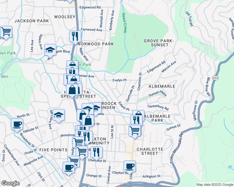 map of restaurants, bars, coffee shops, grocery stores, and more near 102 Murdock Avenue in Asheville