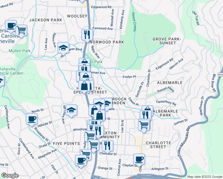 map of restaurants, bars, coffee shops, grocery stores, and more near in Asheville