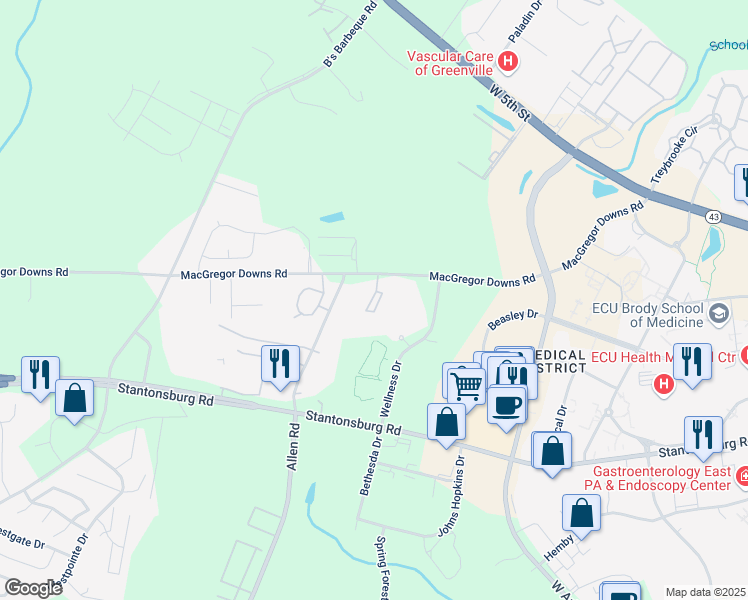 map of restaurants, bars, coffee shops, grocery stores, and more near 2651 Macgregor Downs Road in Greenville