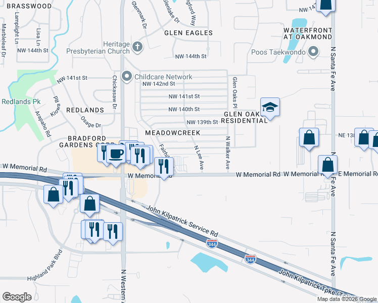map of restaurants, bars, coffee shops, grocery stores, and more near 609 West Memorial Road in Oklahoma City