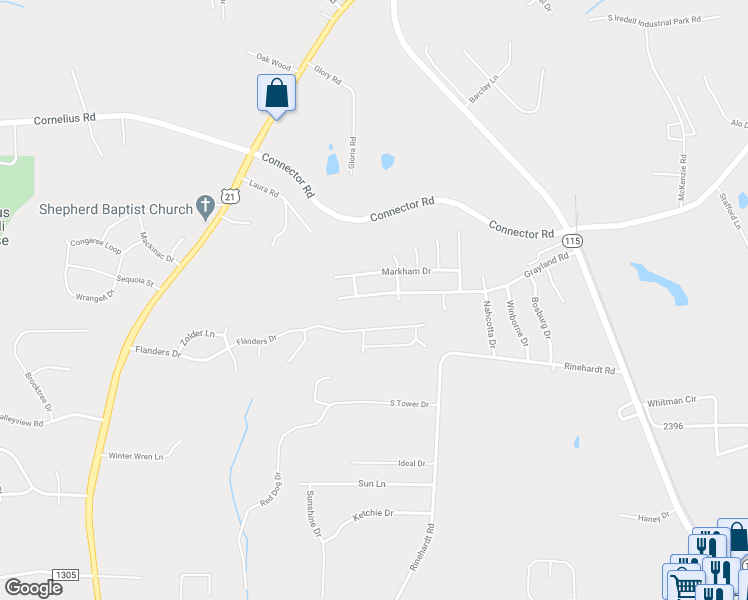 map of restaurants, bars, coffee shops, grocery stores, and more near 259 Grayland Road in Mooresville