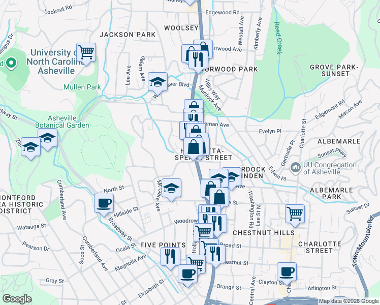 map of restaurants, bars, coffee shops, grocery stores, and more near 7 Conestee Street in Asheville
