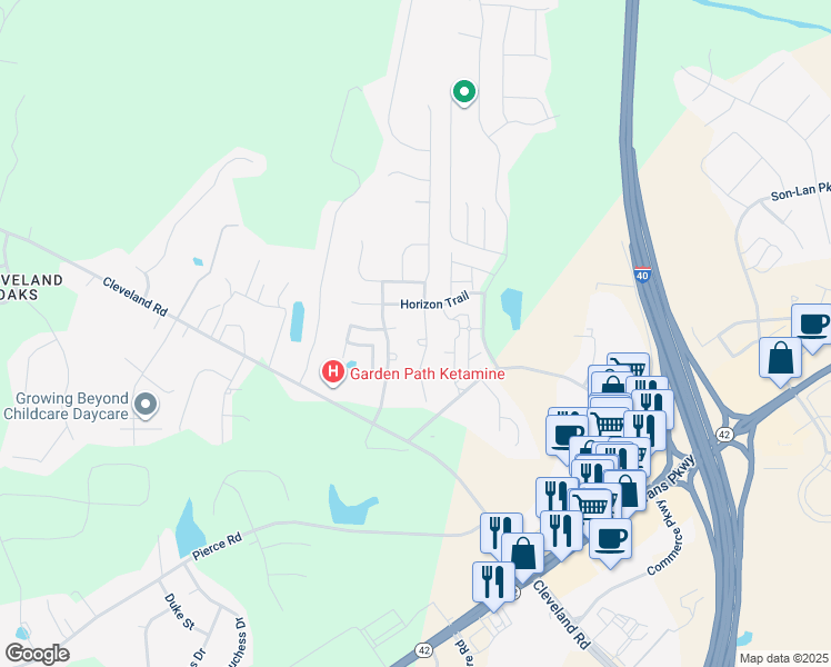 map of restaurants, bars, coffee shops, grocery stores, and more near 38 Glenn Creek Court in Garner