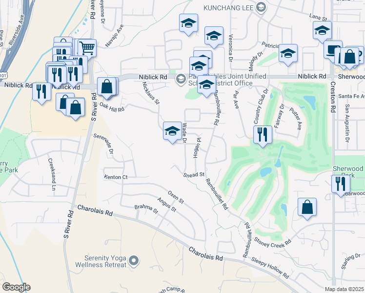 map of restaurants, bars, coffee shops, grocery stores, and more near 1724 Wade Drive in Paso Robles