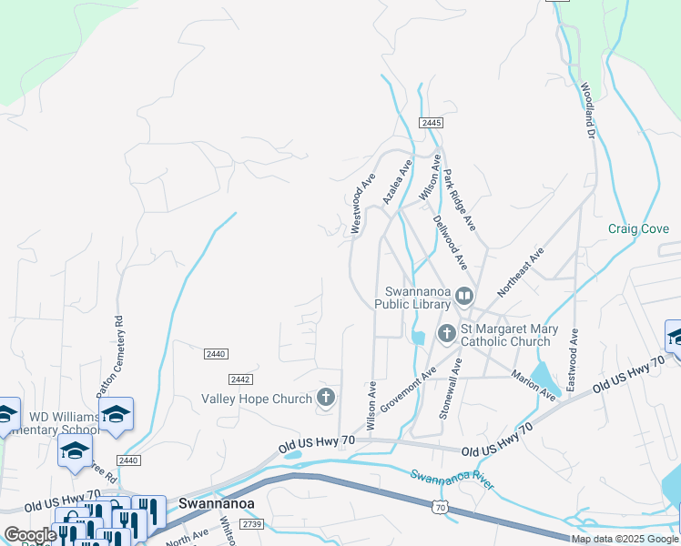 map of restaurants, bars, coffee shops, grocery stores, and more near 119 Westwood Avenue in Swannanoa