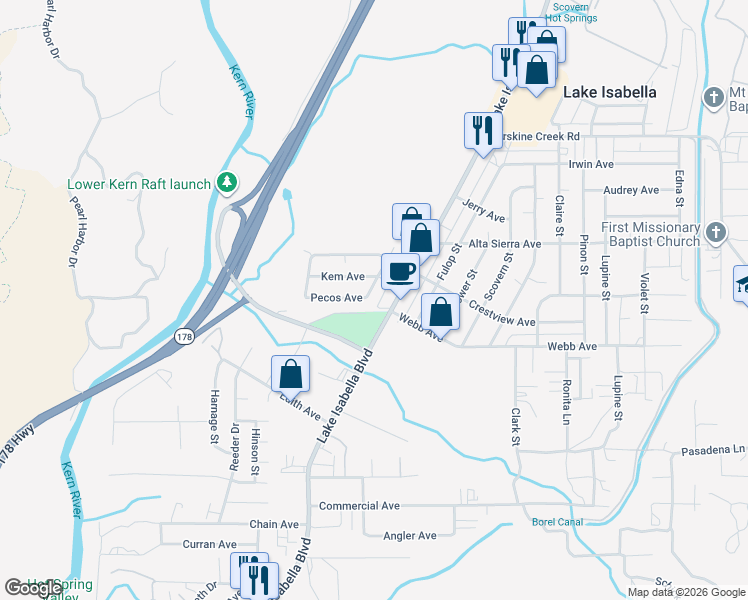 map of restaurants, bars, coffee shops, grocery stores, and more near 2120 Kem Avenue in Lake Isabella