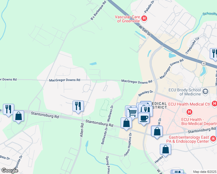 map of restaurants, bars, coffee shops, grocery stores, and more near 2643 Macgregor Downs Road in Greenville