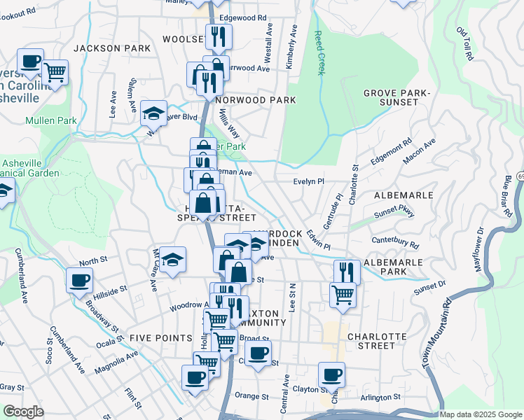 map of restaurants, bars, coffee shops, grocery stores, and more near 75 Linden Avenue in Asheville
