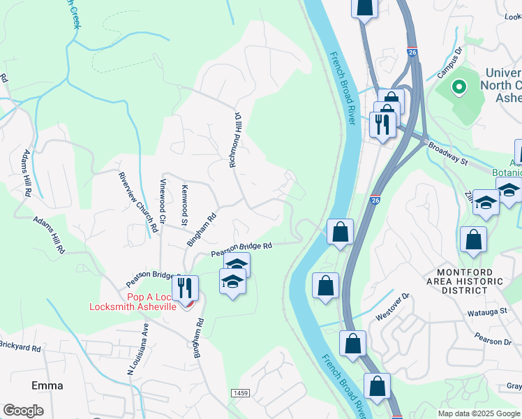 map of restaurants, bars, coffee shops, grocery stores, and more near 99 Richmond Hill Drive in Asheville