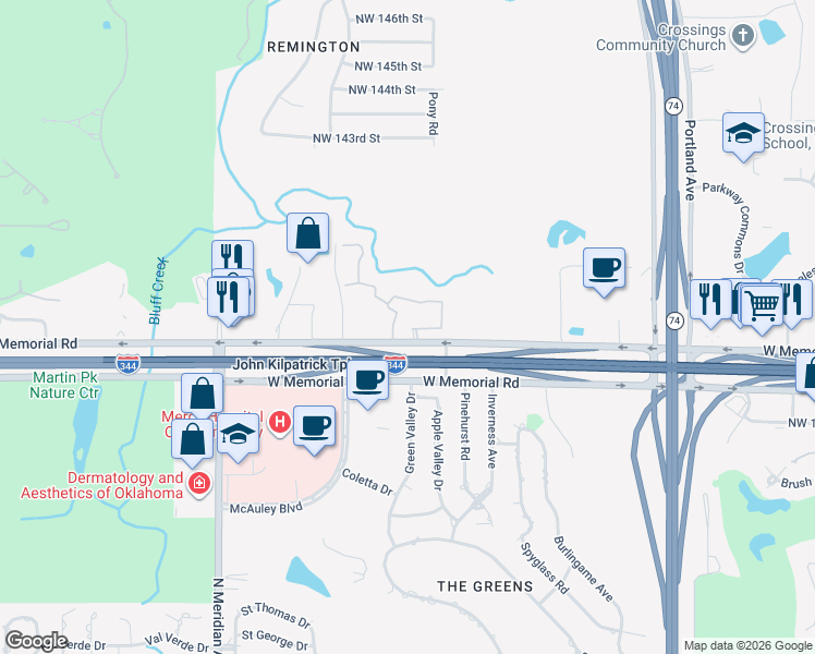map of restaurants, bars, coffee shops, grocery stores, and more near 4201 West Memorial Road in Oklahoma City