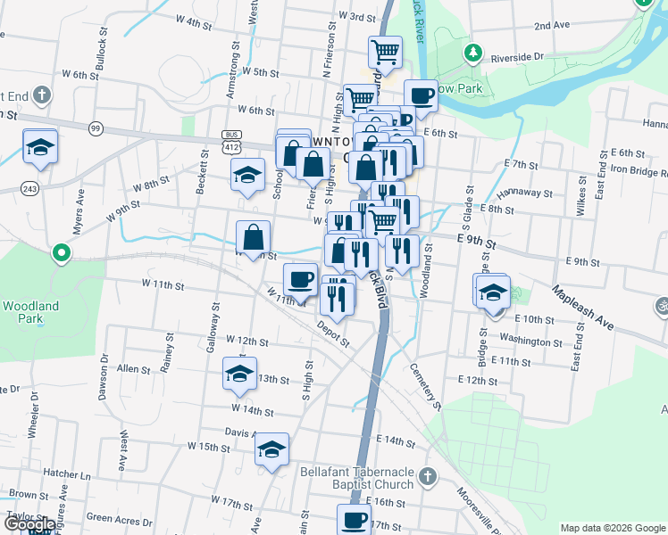 map of restaurants, bars, coffee shops, grocery stores, and more near 1015 South High Street in Columbia