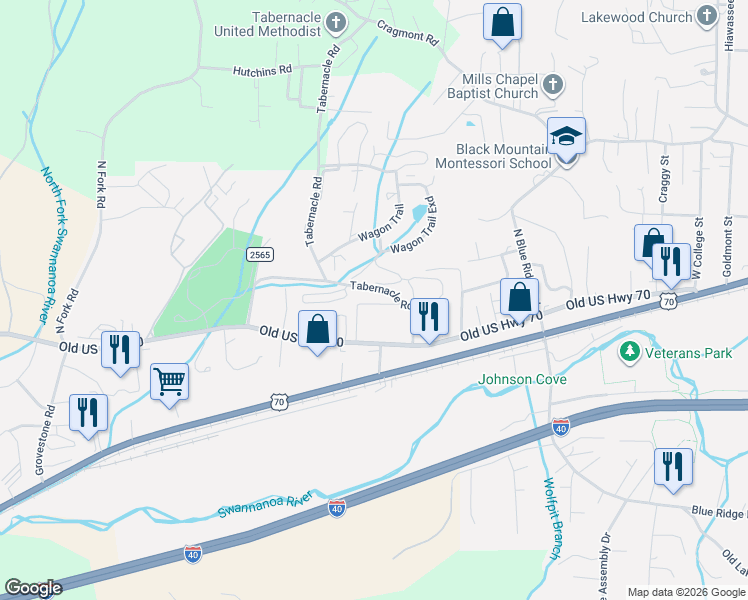 map of restaurants, bars, coffee shops, grocery stores, and more near 85 Wagon Trail in Black Mountain