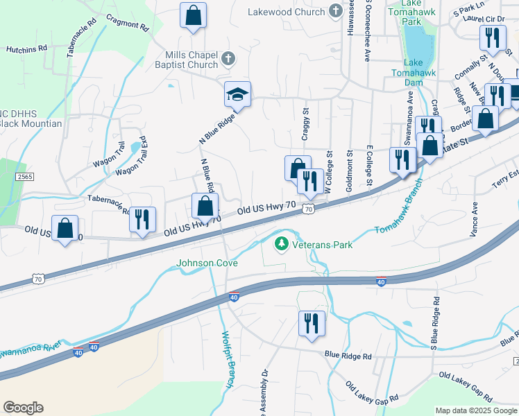 map of restaurants, bars, coffee shops, grocery stores, and more near 3151 Old US Highway 70 in Black Mountain